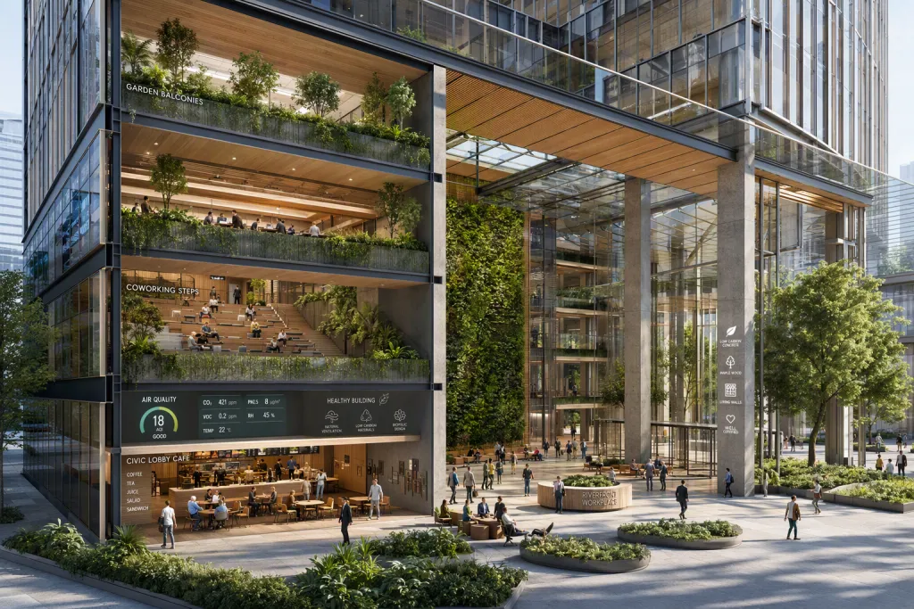 Biophilic Office Tower Workplace Architecture Biophilic Lobby Cutaway