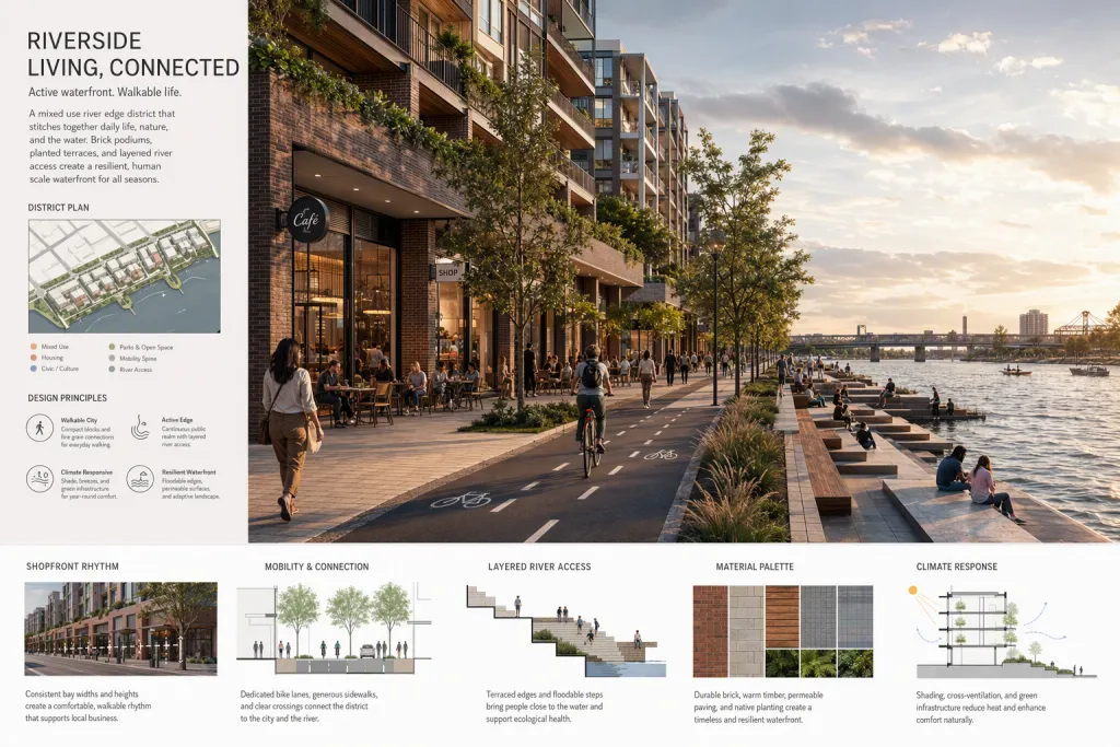 Riverside Mixed Use Promenade Mixed Use Architecture Pedestrian Realm Masterplan