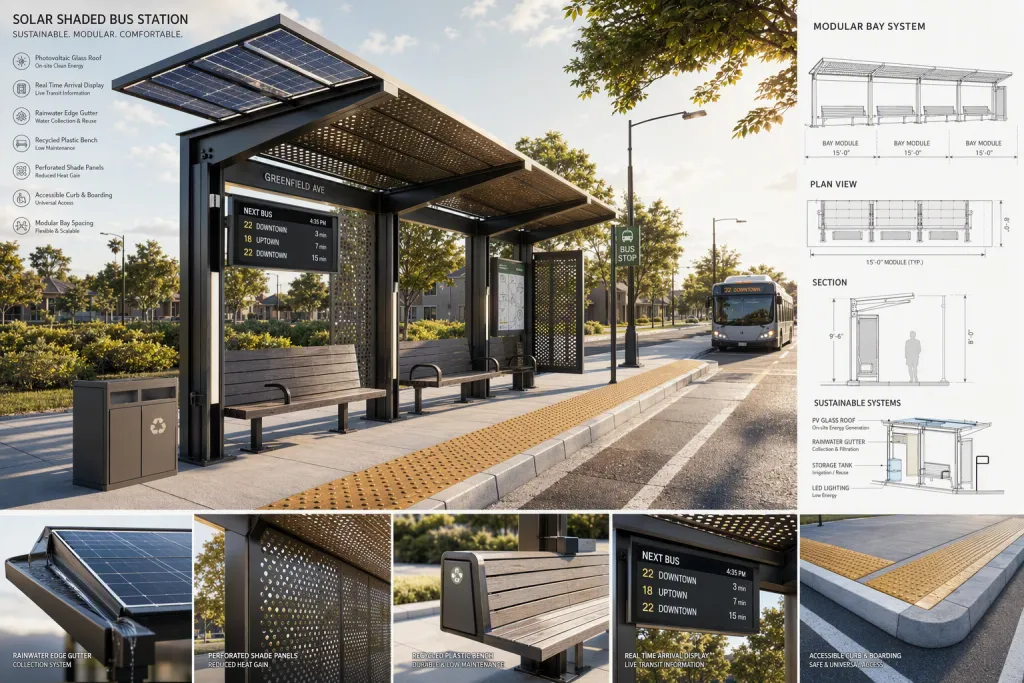 Solar Shaded Bus Station Transit Shelter Architecture Modular Shelter Blueprint