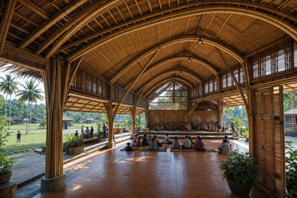 Curved Bamboo Community Hall Community Architecture Bamboo Roof Structure