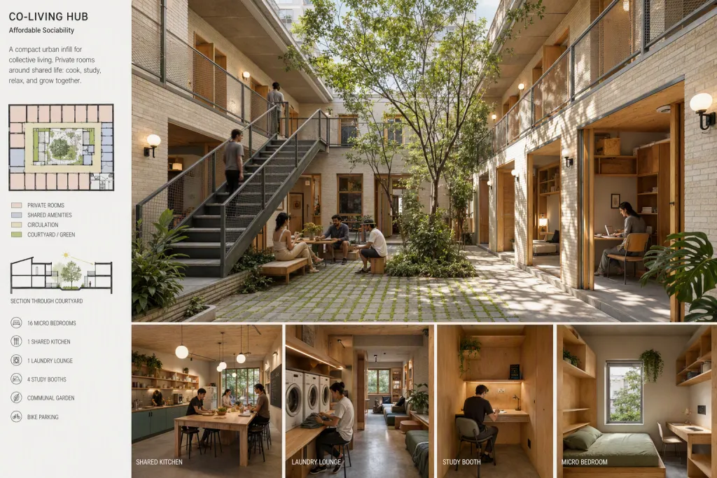 Compact Co Living Hub Co Living Architecture Shared Amenity Layout