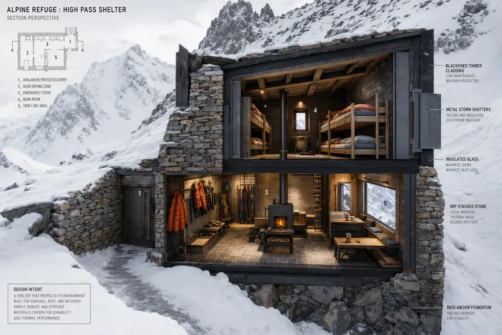 Refuge en pierre sous le mont Stone, abri de montagne, architecture, refuge alpin, coupe de l’abri refuge