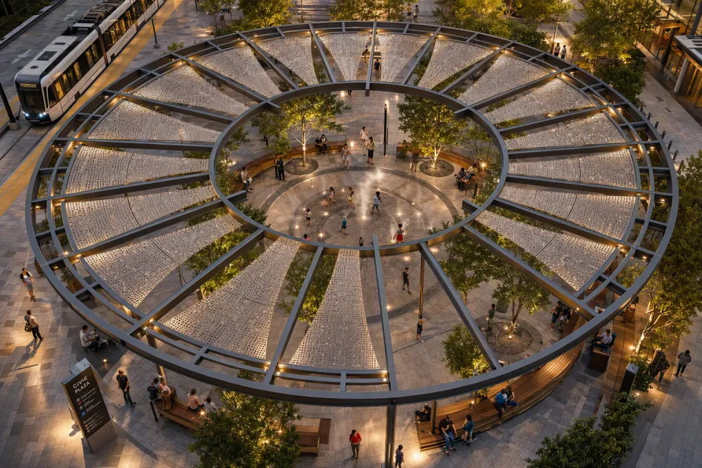 Pensilina copertura per piazza pubblica circolare, architettura dello spazio pubblico, struttura d’ombra, vista dall’alto