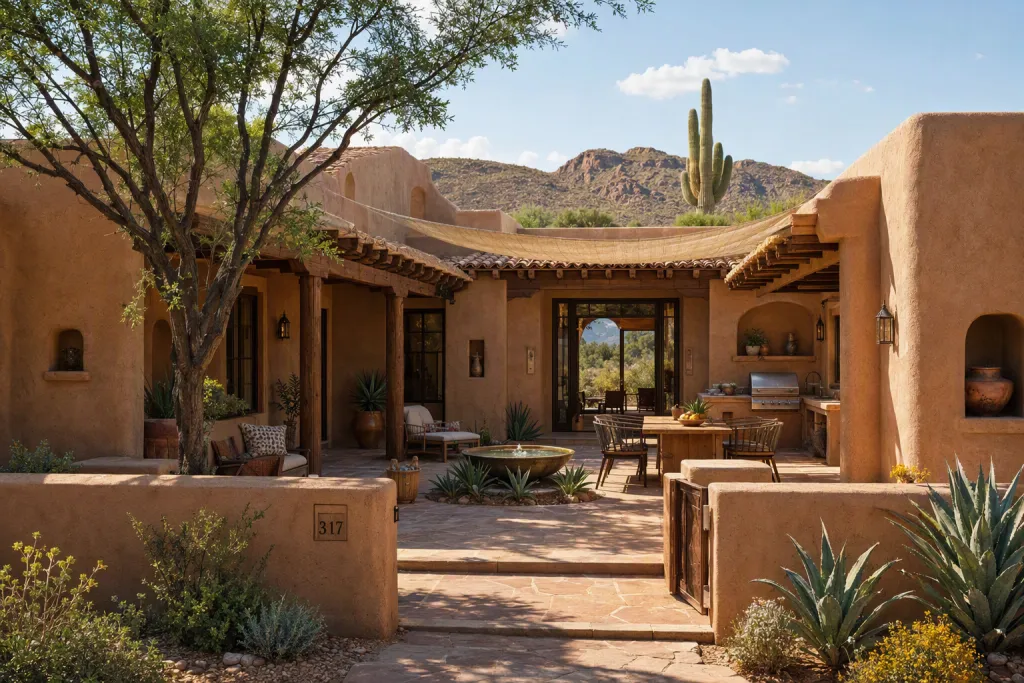 Casa Pátio em Adobe do Deserto, Arquitetura Residencial em Adobe, Pátio Terroso, Luz Solar no Pátio, Habitação no Deserto