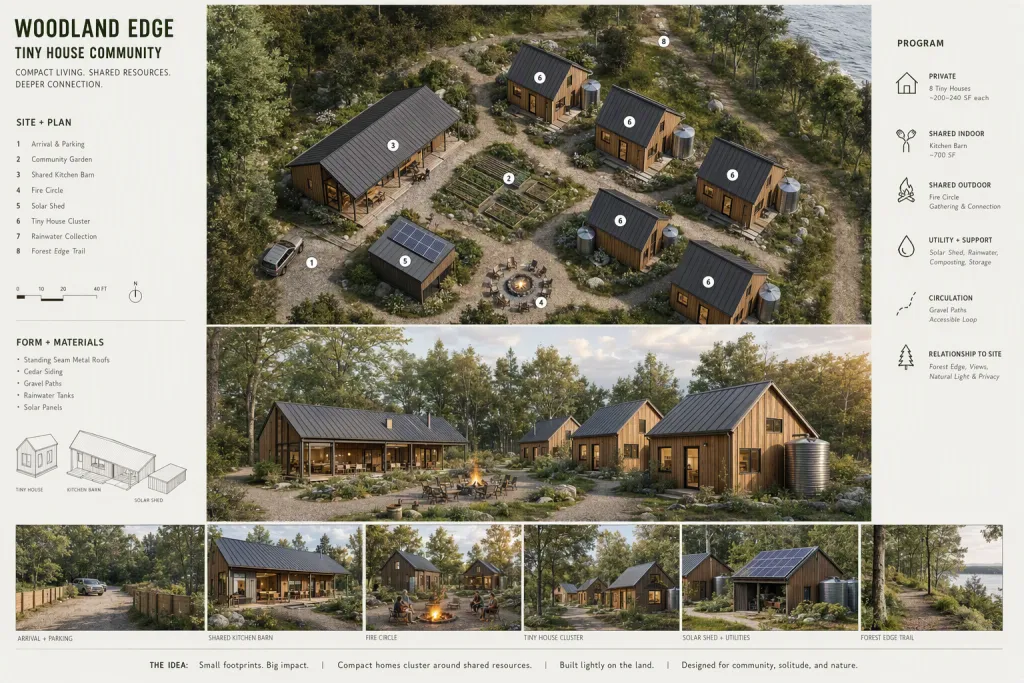 Cluster di Tiny House Compatto e Piccolo Micro Villaggio Tiny House Architecture Micro Village Layout