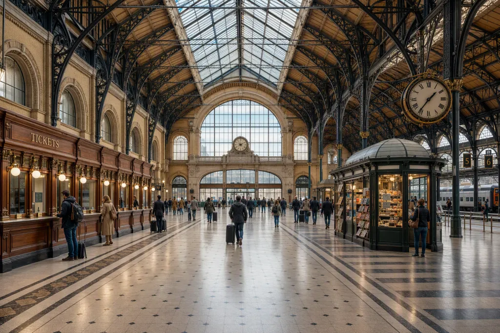 Perspective de la gare ferroviaire historique restaurée : architecture de la halle et galerie centrale