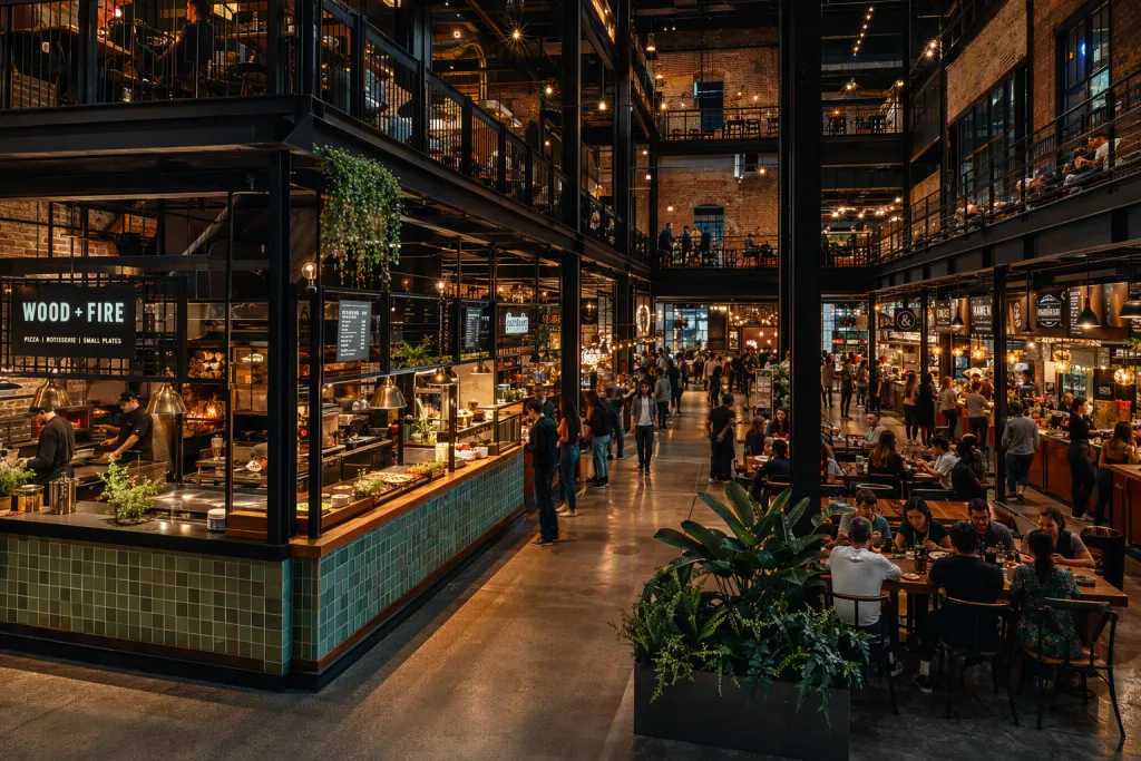 Interior de Food Hall Urbano Noturno Com Arquitetura de Food Hall Mercado Noturno Interiores