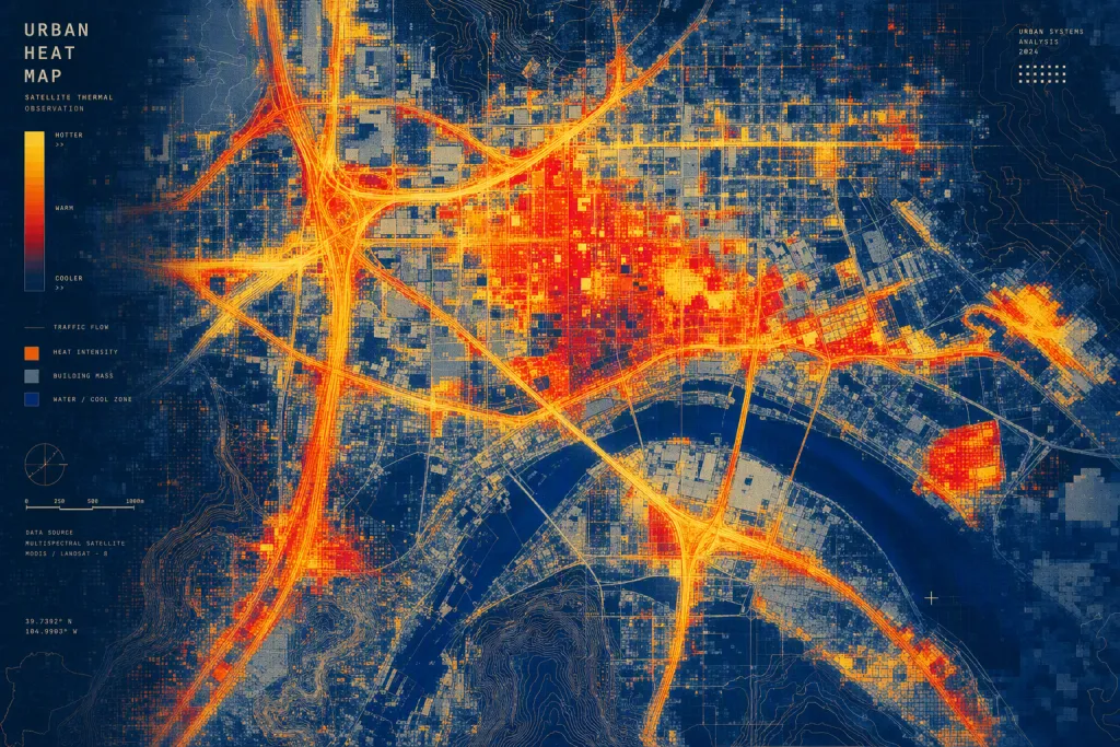 Poster astratto Urban Heatmap con bande cromatiche satellitari