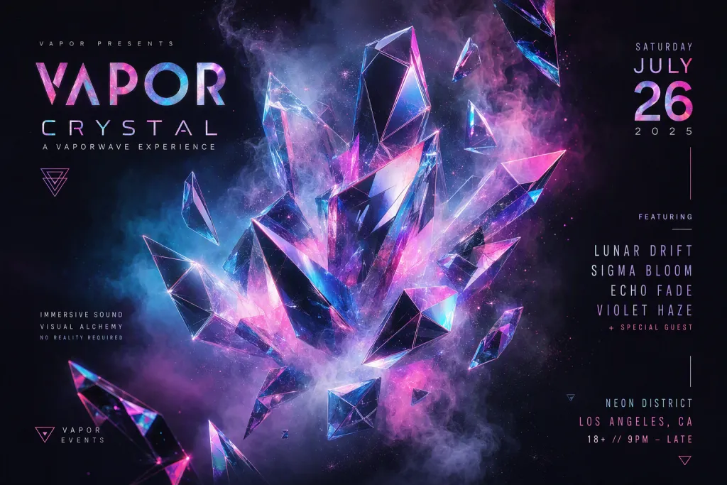 Locandina dell’evento Vapor Crystal con cluster di frammenti olografici