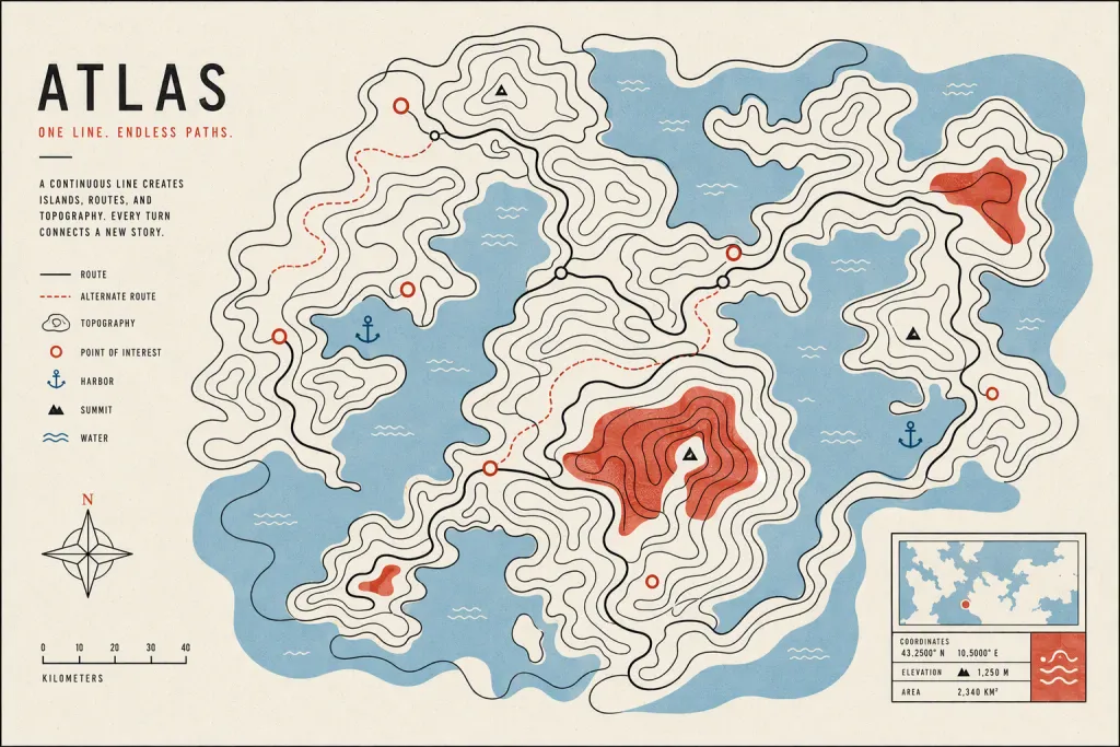 Monoline Atlas Contour Line Network Artwork Vectoriel