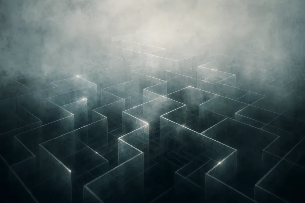 Copertina Mist Labyrinth con arte traslucida: percorsi nel labirinto