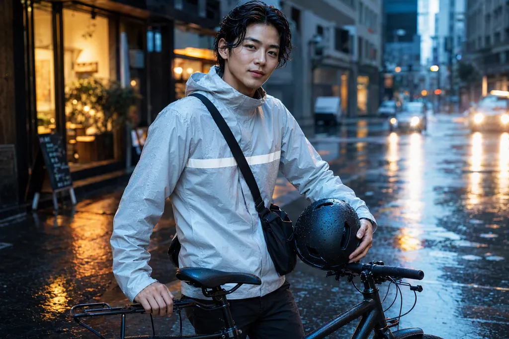 Ritratto di ciclista urbano nella pioggia e riflessi