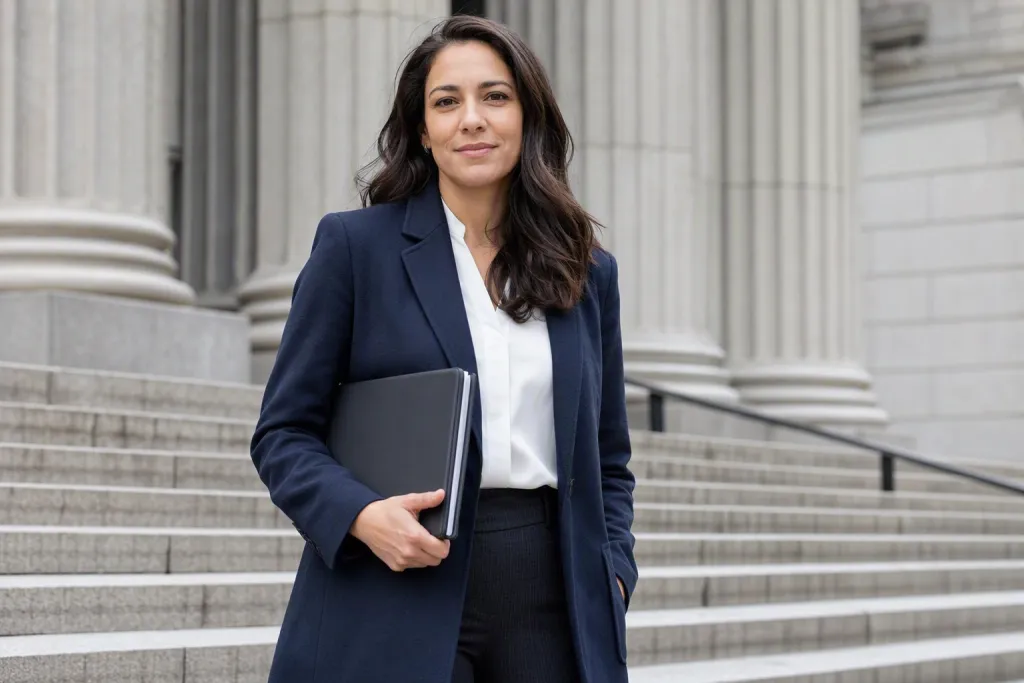 Retrato de Defensor Legal en los Escalones del Palacio de Justicia