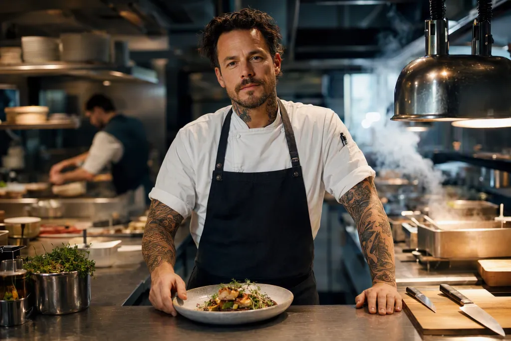 Tattooierter Chef Porträt Offene Küche