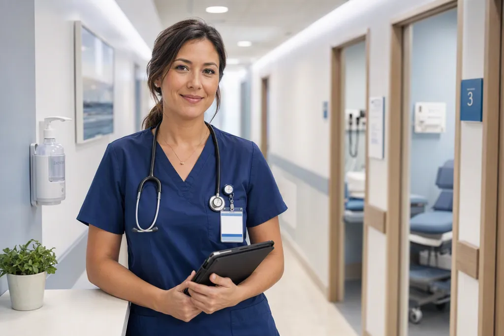Phòng chụp chân dung Y tá hành nghề (Nurse Practitioner) tại hành lang phòng khám