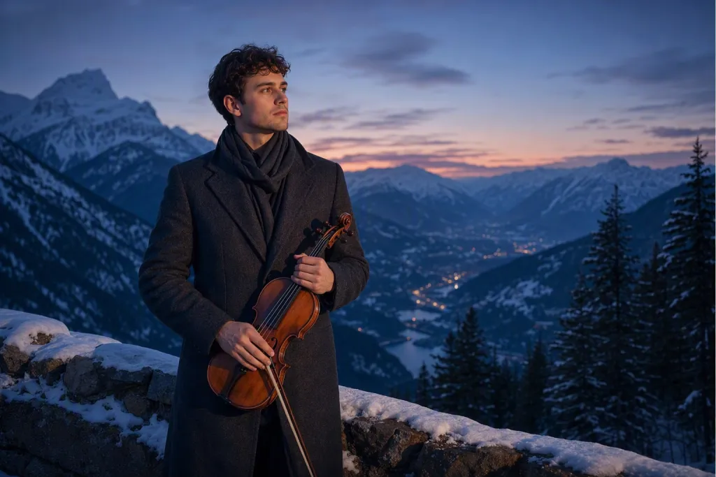 Ritratto del violinista di montagna sulla neve al crepuscolo blu