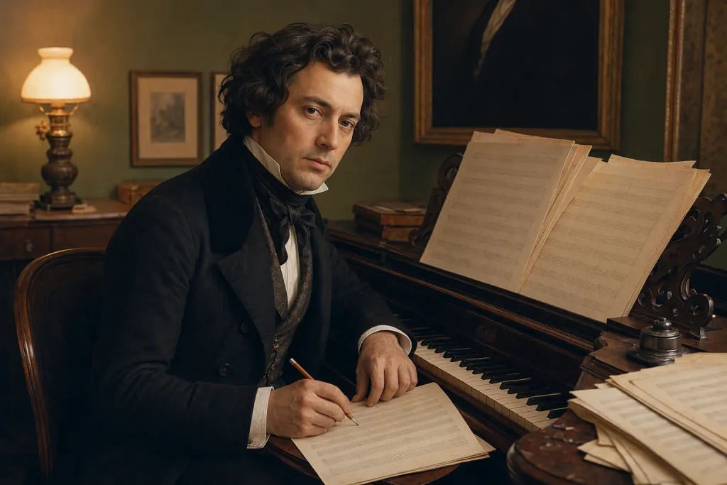 Ritratto di compositore classico in una stanza del pianoforte