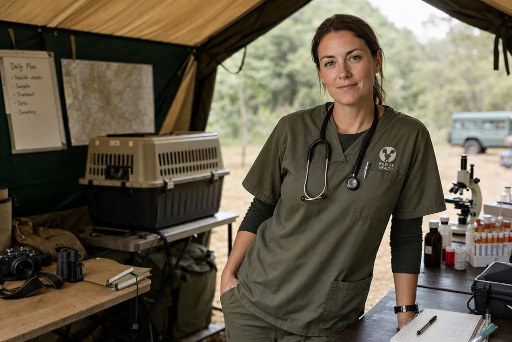Retrato de veterinario de fauna en clínica de campo