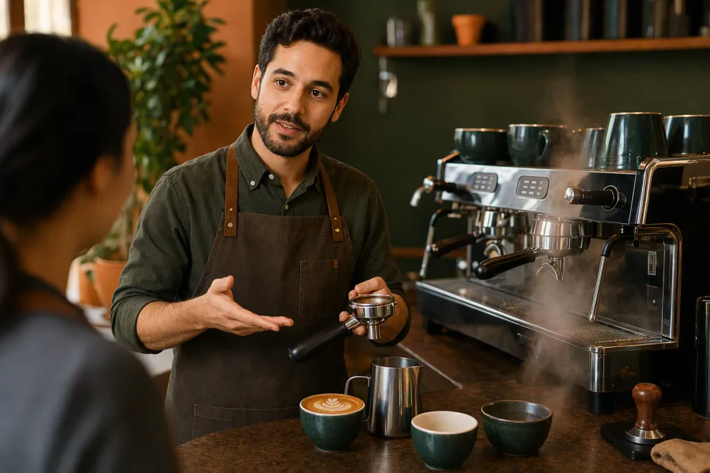 Retrato de Barista Trainer con Espresso y Vapor