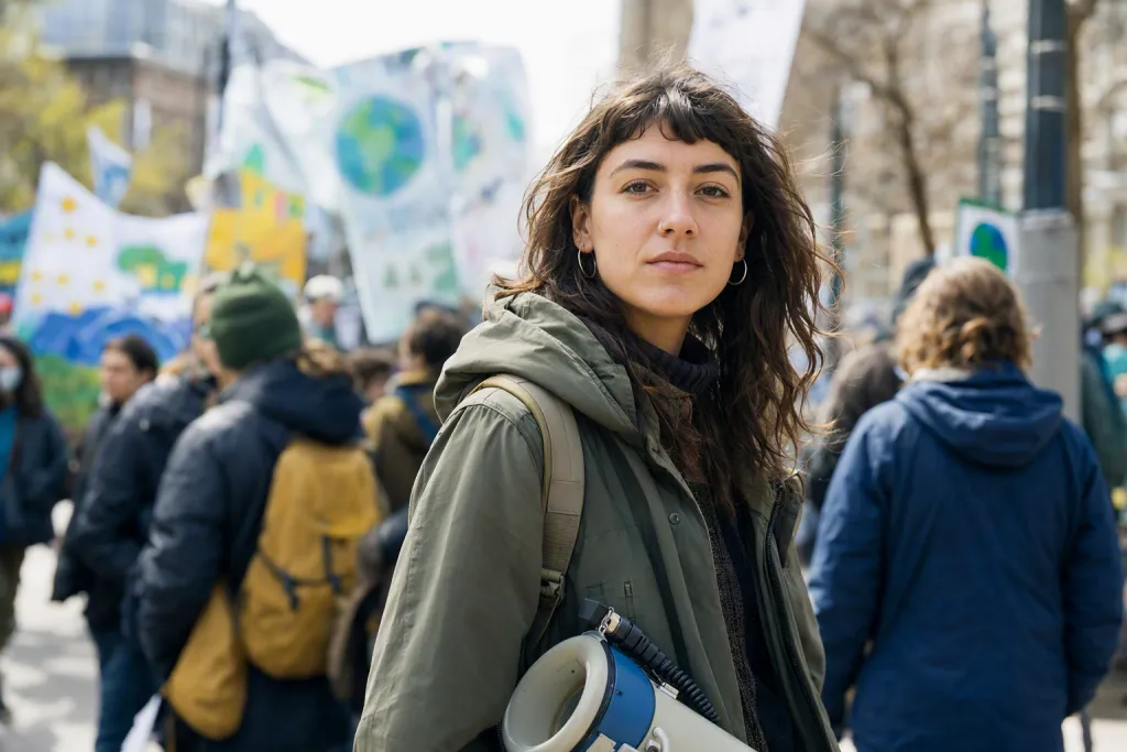 Porträt einer Klimaaktivistin Megafon-Demo