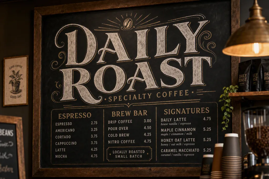 Tipografia per menu di caffè con serif artigianale su lavagna