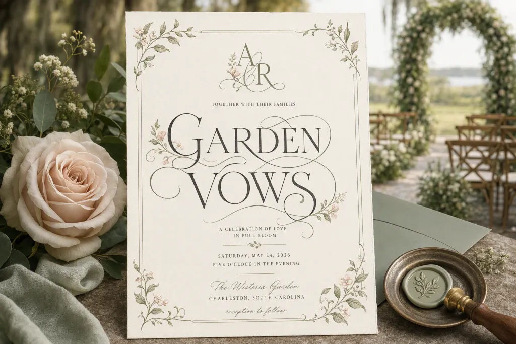 Partecipazione per matrimonio in tipografia calligrafica botanica