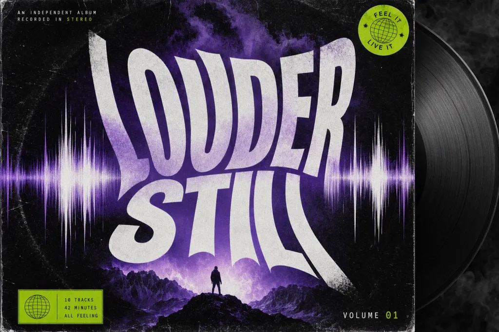 Portada de álbum con tipografía cinética de letra musical