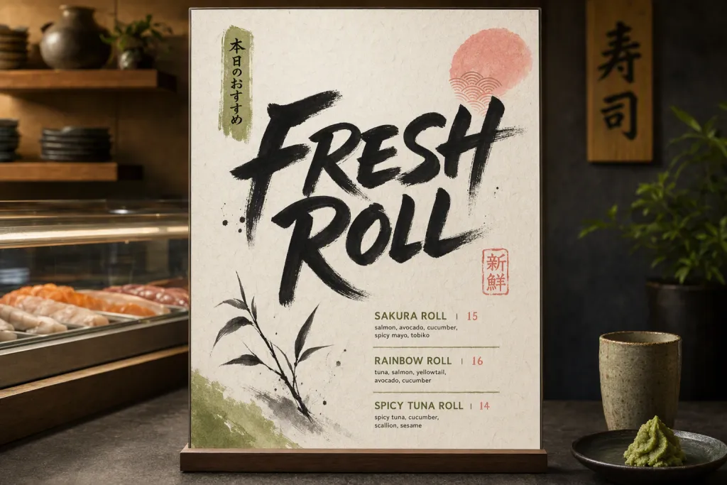 Bảng menu kiểu chữ Brush Script Sushi Bar