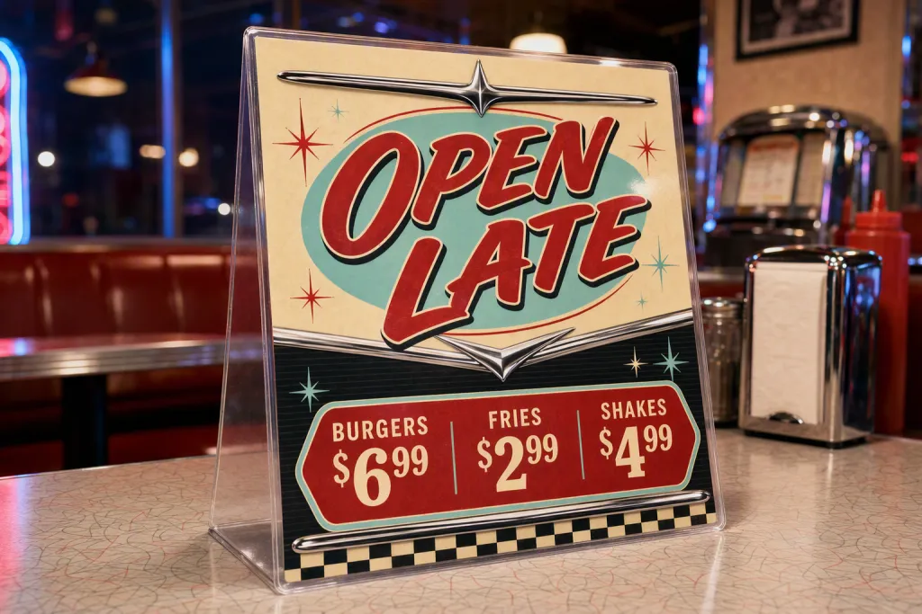 Late Night Diner Menütypografie Tischkarten-Tabletop-Karte