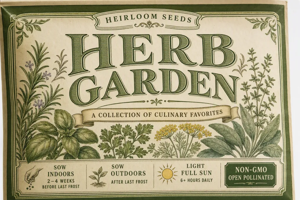 Typografie für Etikett auf Saatgutbeutel – Botanical Seed Packet Label Typography Sachet