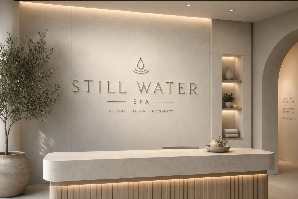 Tipografía para señalética de spa de lujo Recepción en pared