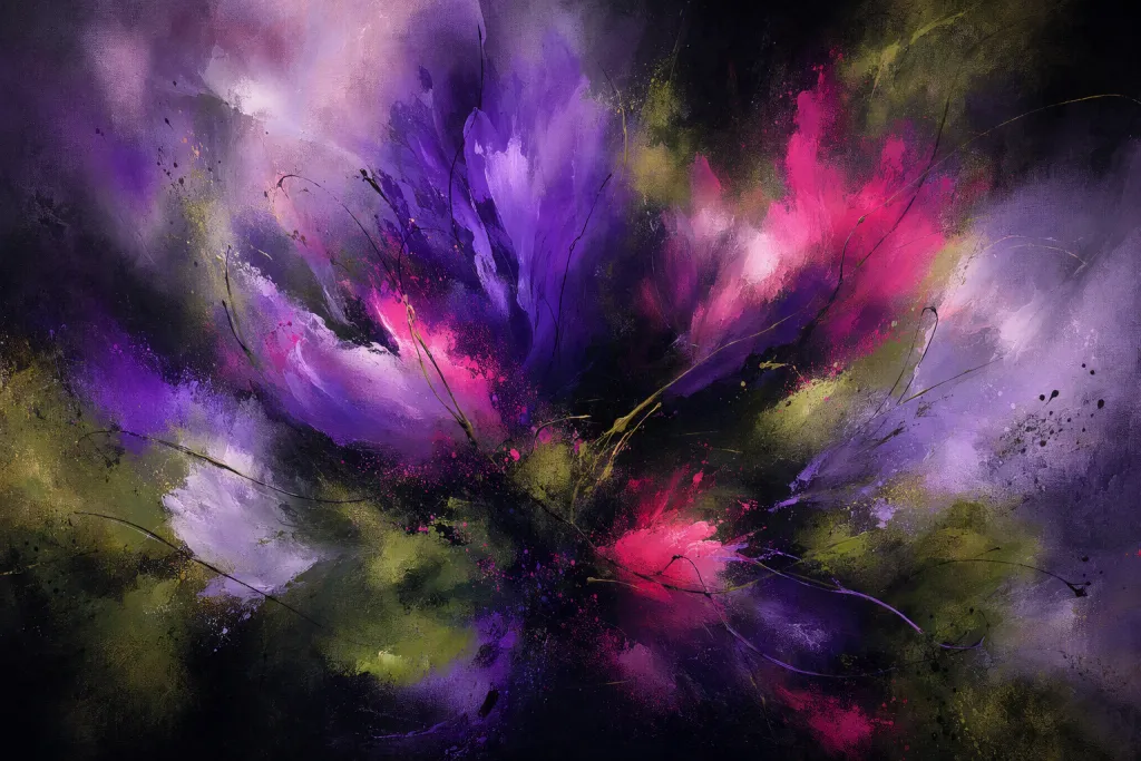Tela astratta floreale dell’Alba all’Ultraviolet Garden, Foschia di Energia, Astratta con Fiori
