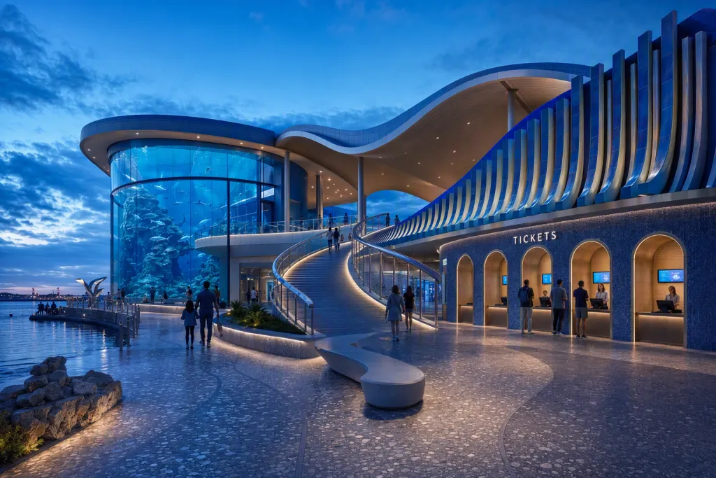 Expansão do Aquário Costeiro Arquitetura Marinha Fachada da Hora Azul