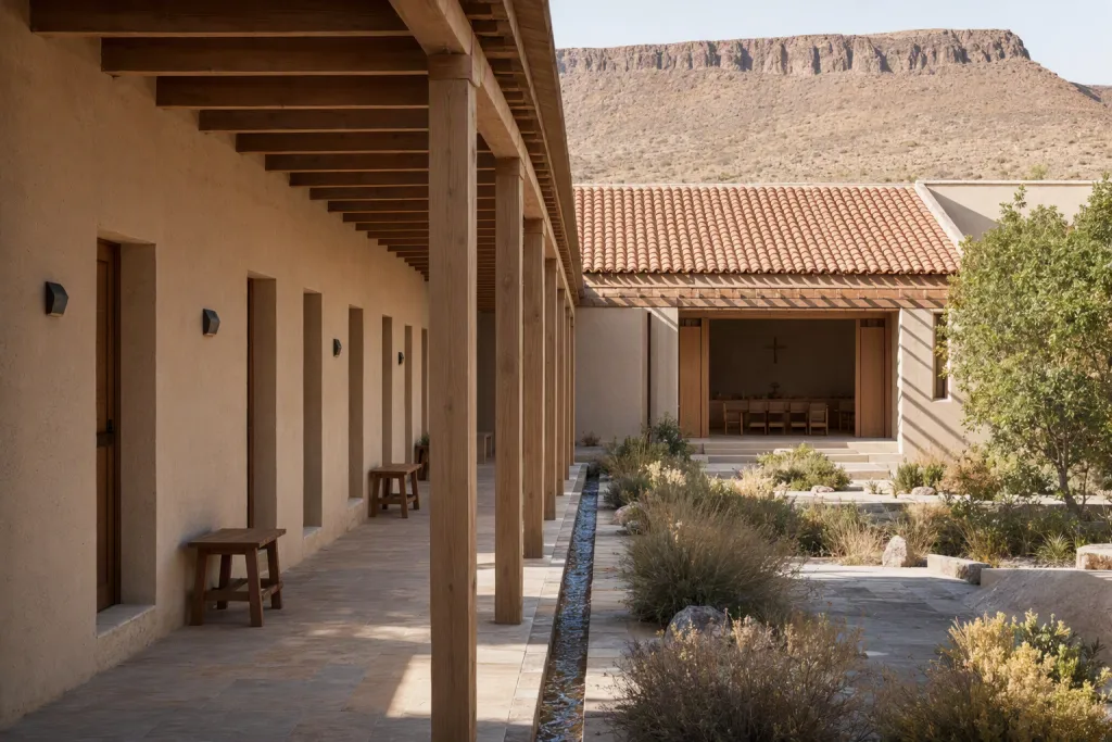 Alojamento do Mosteiro no Alto Deserto Arquitetura Monástica Claustro Perspetiva