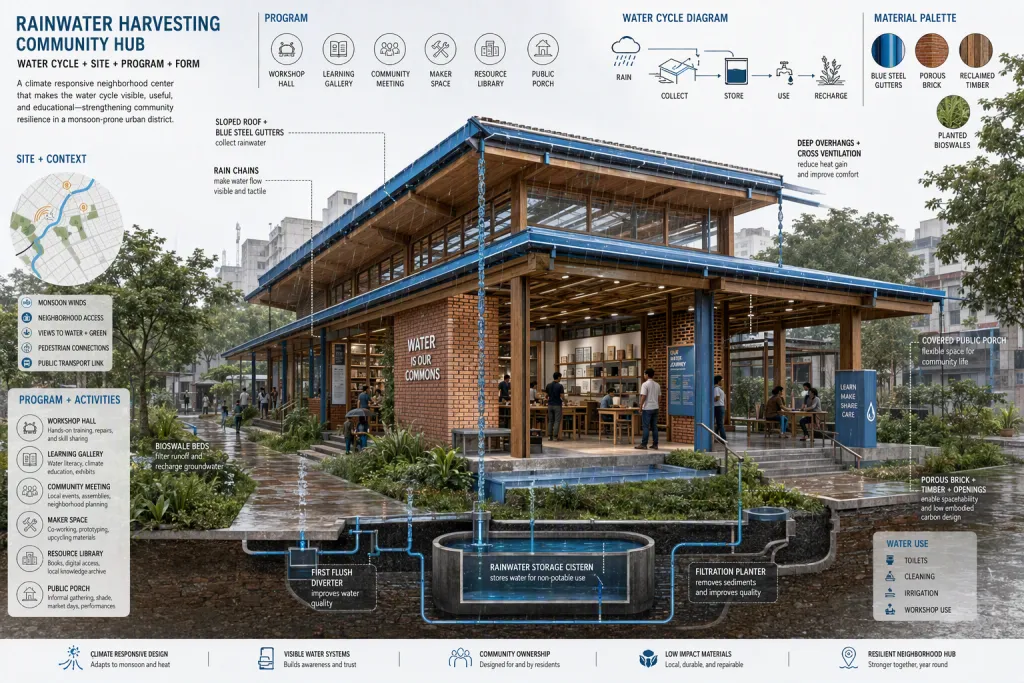 Centro Comunitário de Captação de Água da Chuva Clima Arquitetura Diagrama do Ciclo da Água