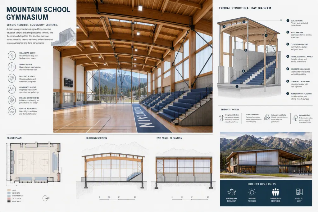 Erdbeben-Mountain-School-Gym-Sportpädagogik-Architektur-Strukturelles-Bay-Diagramm