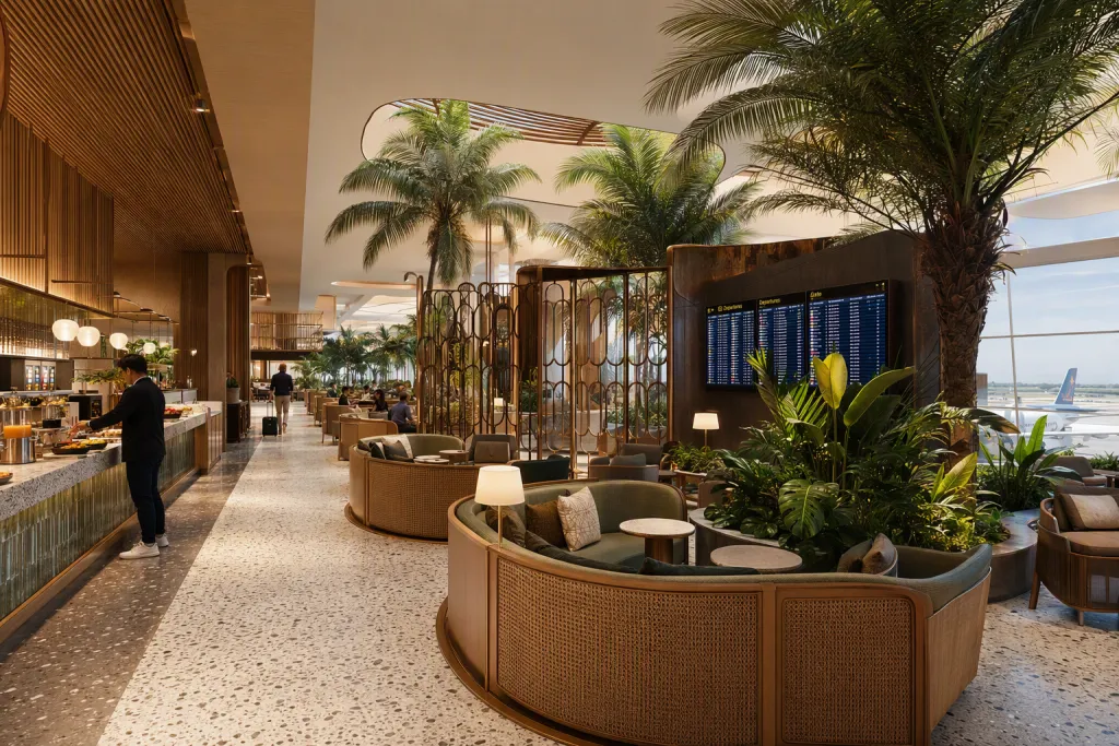 Rendering per lounge aeroportuale tropicale: architettura d'interni per aviazione, garden lounge
