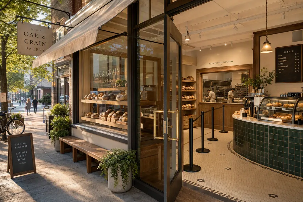 Façade de boulangerie artisanale, architecture intérieure de vente au détail, scène matinale de vitrine