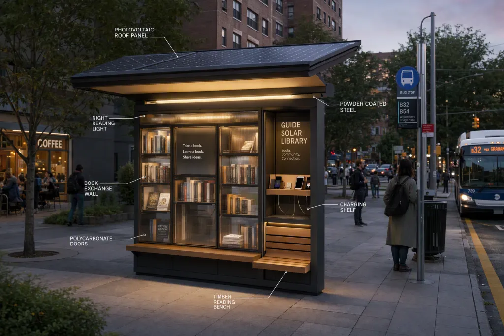 Chiosco per biblioteca alimentato a energia solare Micro-architettura civica d’angolo stradale prototipo