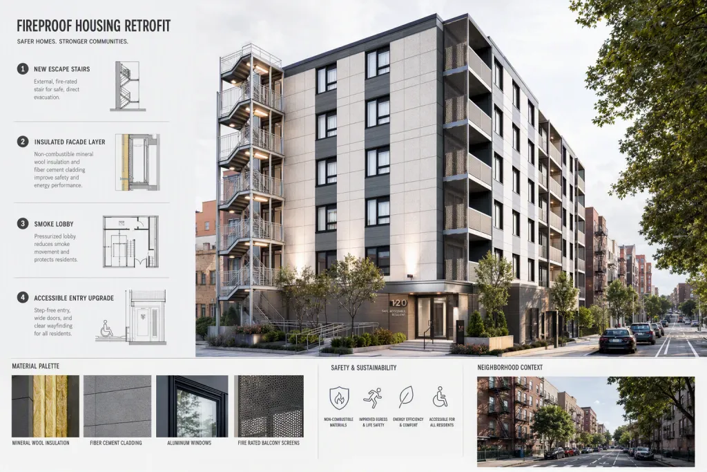 Diagramm für Stadterneuerung: nachgerüstetes, feuerfestes Wohngebäude, Retrofit-Architektur, Fassaden-Upgrade