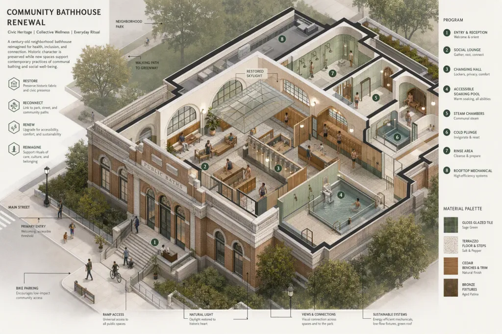 Community-Badehaus-Renovierung Öffentliche Wellness-Architektur Dampfbad Axonometrie