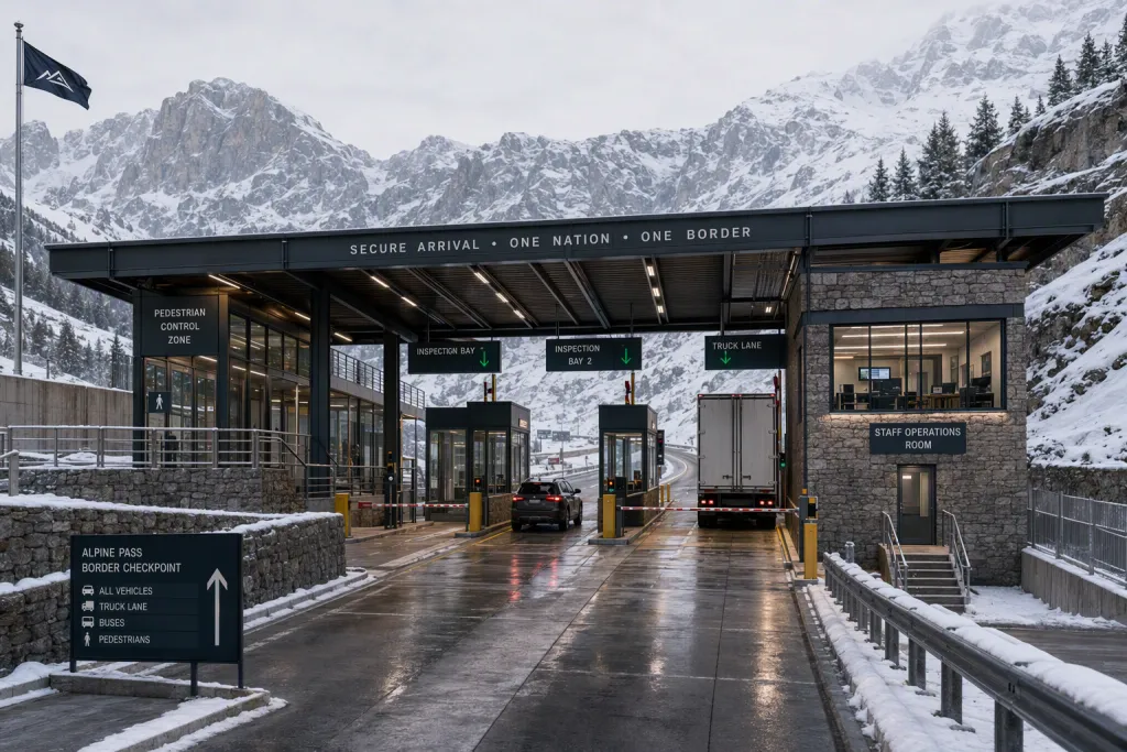 雪境邊境檢查站邊界建築 安全抵達雨棚