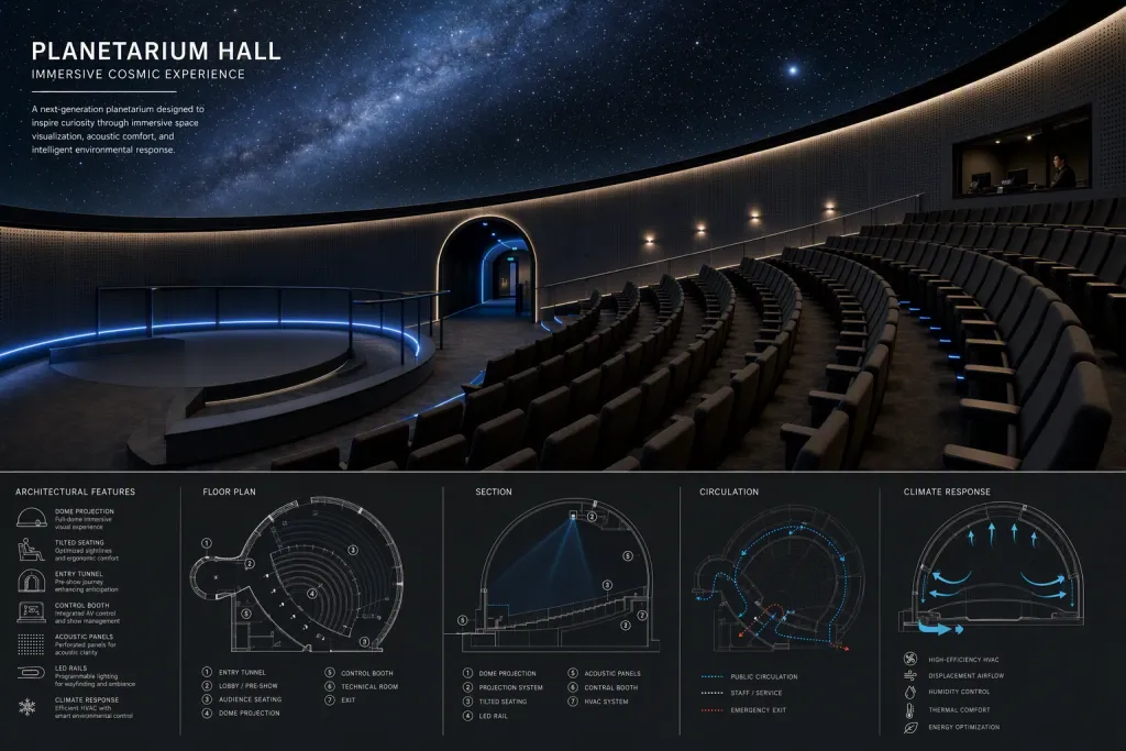 Cúpula de planetario inmersivo museo de ciencias arquitectura cúpula proyección interior