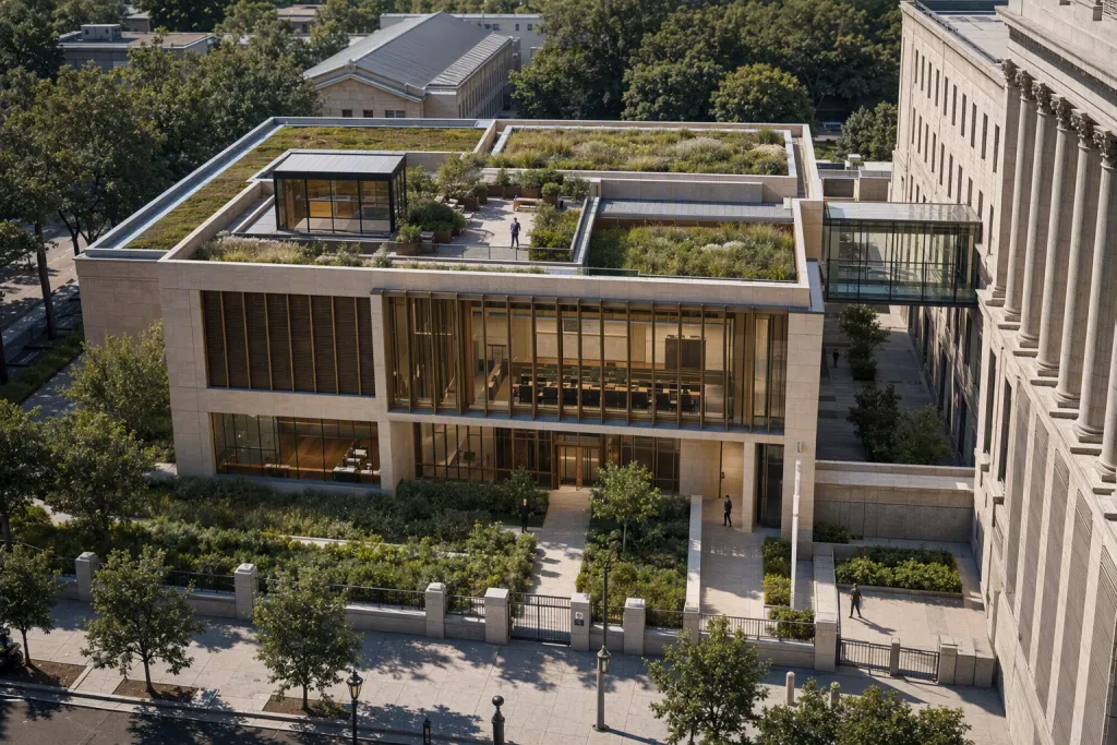 Anexo del tribunal con tejado verde, arquitectura judicial del patio y cubierta del tejado