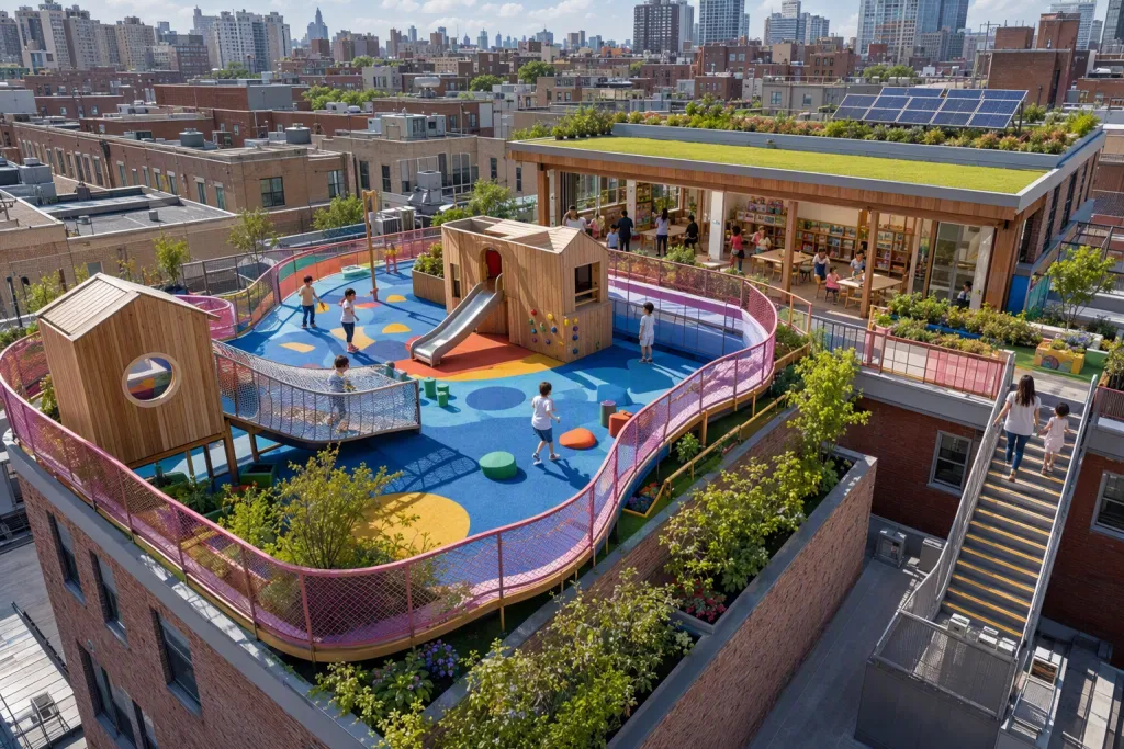 Parque Infantil Urbano no Telhado Playground Educacional Cobertura de Arquitetura Play Deck Renderização