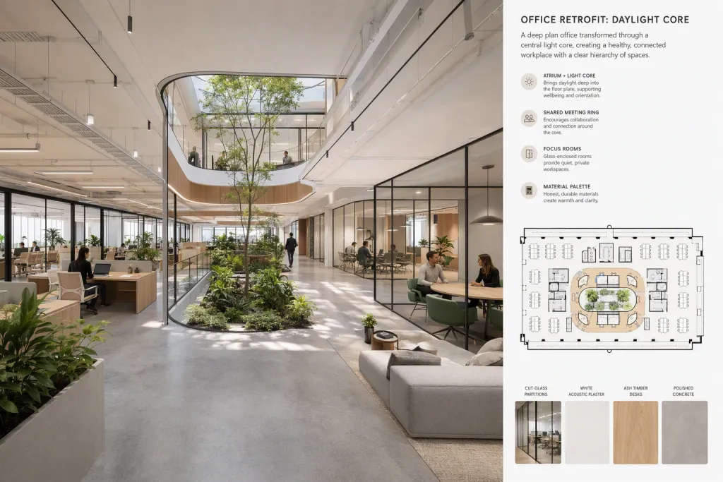 Derin Plan Ofis Retrofit İşyeri Yenileme Mimarlık Günışığı Çekirdek Diyagramı