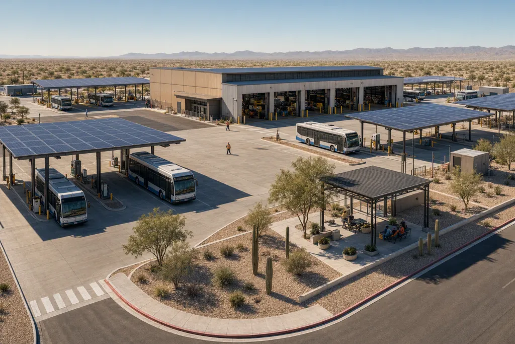 Arquitectura de operaciones de tránsito en Desert Bus Depot: plan del patio de sombra