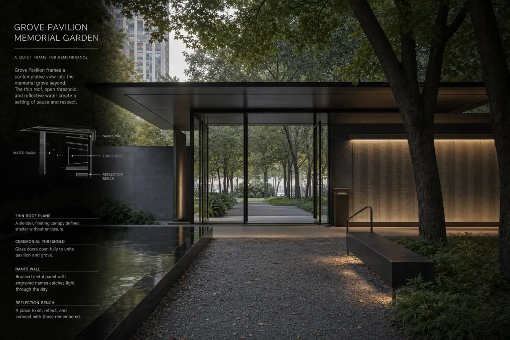 Memorial Garden Pavilion Memorial Architecture Reflective Path View
