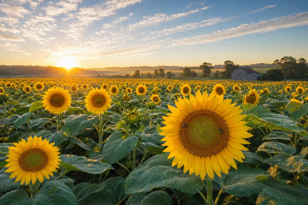 Campo di girasoli mattina natura luminoso fattoria paesaggio