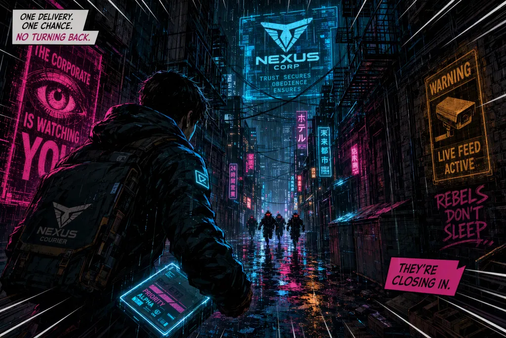 ฉากการ์ตูนหมึกนีออนลายไซเบอร์พังก์ในตรอกฝนตก Rainy Cyberpunk Alley Comic Scene Neon Ink Panel